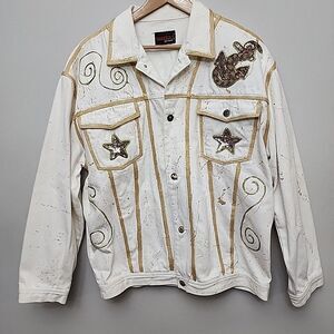 Unique Art White Jean Jacket Nautical Gold Sequin Large Cruise Beach Concert‎